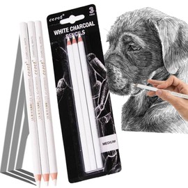 Set of 3 White Charcoal Pencils Set Highlight Pens Professional Drawing Colouring Pencils Artist Pastel Pencil Art Painting Accessories Pencils for Artists Drawing Sketching Facing