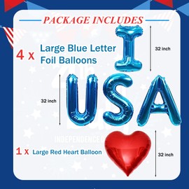ZJJZOAA 5 Pcs 4th of July Balloons 32 inch Large Patriotic Party Foil Balloons,I Love USA Red Blue Party Decorations, Letter Decor for Memorial Day Independence Day Birthday Party