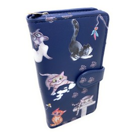 Shag Wear Playful Cats Large Animal Wallet for Women and Teen Girls Vegan Faux Leather Blue 7"