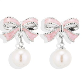 Zehope Silver Bow Pearl Earrings Ribbon Bowknot Drop Stud Earring Sparkly Elegant Dangle Earrings Jewelry for Women