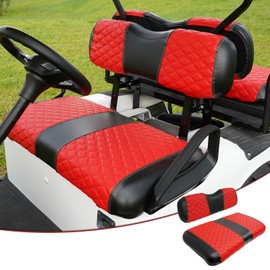 HANGKUNNEE EZGO TXT Seat Covers, EZGO TXT Golf Cart Seat Covers for 1994-2013 EZGO TXT OEM Ordinary Seat, Marine Grade Vinyl Leather, Anti-Scratch/Anti-Fading/Easy to Install, Diamond/Red(2PCS/Front)