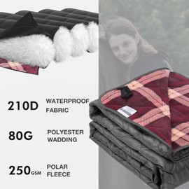 DUKUSEEK Large Outdoor Waterproof Blanket, Warm Fleece Blanket with Hood Windproof for Cold Weather, Camping Stadium, Beaches, Picnics, Dogs, Car (Dark Red Plaid)