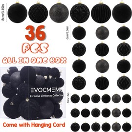 Velvet Christmas Ball Ornaments Black Christmas Tree Decorations 36pcs Shatterproof Christmas Ornaments Set with 5 Styles in 3 Sizes(Small Medium Large)