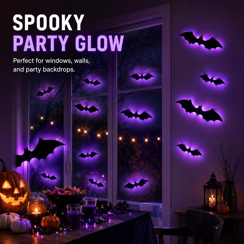 LED 3D Halloween Bat Wall Decorations – Light-Up Bendable Flying