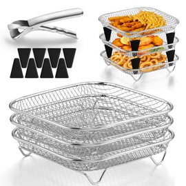 TeamFar Square Air Fryer Rack, 7.72" Stainless Steel Stackable Air Fryer Basket Accessories for Frying Roasting Baking, 3pcs Dehydrator Rack with Silicone Feet & Clip, Oven & Dishwasher Safe
