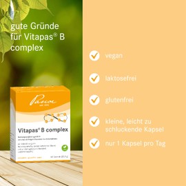 Vitapas B Complex: Vitamin B Complex with All 8 Important B Vitamins (B1, B2, B3, B5, B6, B12), Biotin & Folic Acid - Energy & Strong Nerves - Vegan, Lactose & Gluten Free - 60 Capsules