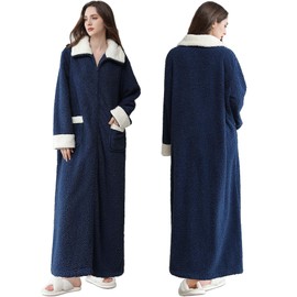 Oksun Womens Long Zipper Robe: Full Length Soft Fleece Warm Bathrobe - Cozy Fuzzy Winter Housecoat Plus Size (Navy, L)
