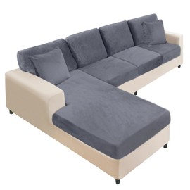 NAISI Sectional Couch Covers 8 Pieces Velvet Couch Cushion Covers L Shape Soft Stretch Sofa Slipcovers with 2pcs Pillowcases for Left/Right Chaise Sectional Couch(3 Seater+1 Chaise+4 Back,Dark Grey)