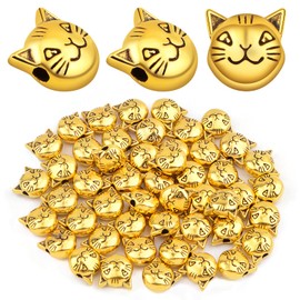 JMKTOOL 50 Pieces Antique Golden Cat Head Beads Tibetan Alloy Kitten Spacer Beads Animal Head Charm Beads Accessories for DIY Bracelet Necklace Earrings Jewelry Making