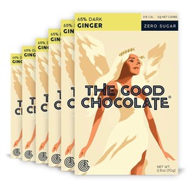 The Good Chocolate - Ginger Chocolate Bars, Zero Sugar, Lower Net Carb Snack, Lower Calorie, Vegan Chocolate Candy, 6 Bar Value Pack