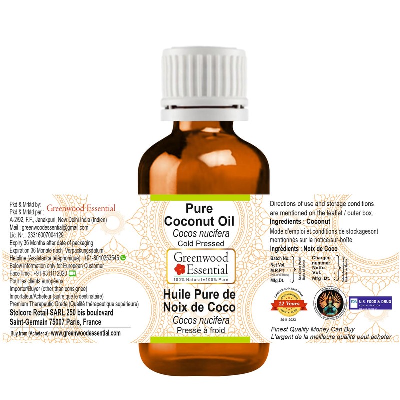 Greenwood Essential Pure Coconut Oil (Cocos Nucifera) Natural Therapeutic Quality