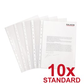 FALKEN Original Falken 10er Pack Standard PP-Kunststoff Prospekthüllen. Für DIN A4 transparent glasklar oben offen Klarsichtfolie Plastikhülle Klarsichthülle ideal für Ordner Ringbücher und Hefter