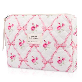 Makeup Bag Quilted Makeup Bags, Floral Cosmetic Bag for Women, Cute Cotton Makeup Bag, Flower Travel Toiletry Organizer Bag (Pink Flower)