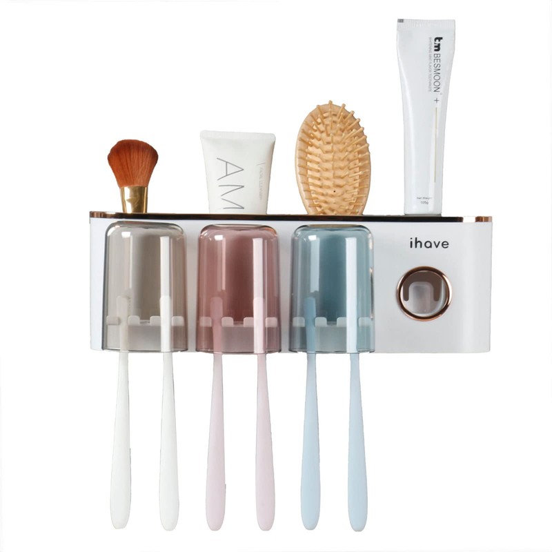 iHave Toothbrush Holders Bathroom Accessories with Toothpaste Dispenser, 3 Cups