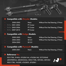 A-Premium Set of 4, Front Inner & Outer Tie Rod End Kit, Compatible with Chrysler PT Cruiser 2001-2010, Neon 2000-2002 & Dodge Neon 2000-2005, SX 2.0 2003-2005 & Plymouth Neon