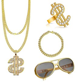 4Pcs Billionaire Boy Accessories, Dollar Sign Necklace, Rapper Costume, Fake Gold Chain, Pound Sign Glasses, Rings Chain Fancy Dress, Hip Hop Costume for Women, Men Carnival Theme Parties Role Play