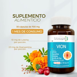 BIOSUPLE | Luteína con Zeaxantina, Arándano, Semilla de uva, Vitaminas A, C y E. 30 cápsulas de 700 mg – VION– Suplemento Alimenticio.