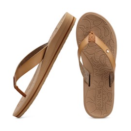 ONCAI Womens Flip Flops Arch Support Yoga Mat Summer Beach Leather Woman Dressy Thong Sandal for Women 2025 with Plantar Fasciitis Walking Ladies Sandal Outdoor Rubber Soles Beige Size 9