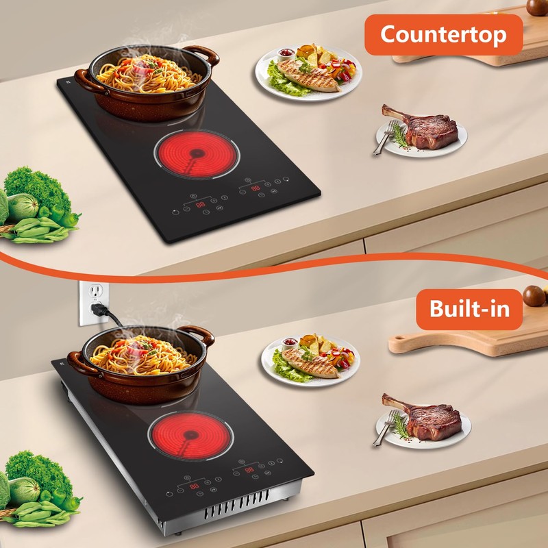 Traenvir 2 Burner Electric Cooktop, 12 Inch Built-in & Countertop