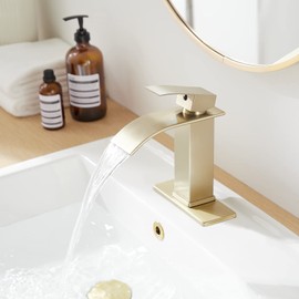BATHLAVISH Brushed Gold Bathroom Sink Faucet Waterfall Single Hole Single Handle Lavatory Vanity Modern with Pop Up Drain with Overflow 1 or 3 Hole Deck Mounted Commercial Mixer Tap
