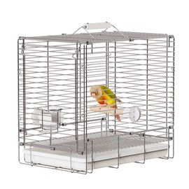 YOOSO WING Bird Carrier Travel Cage - Stainless Steel Portable Folding Bird Cage with Parrot Feeder Cups & Standing Perch for Parrots Conures Lovebird Cockatiel Parakeets (White)