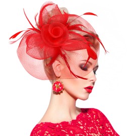 Red Feather Hair Fascinator for Women, Mesh Veil Flower Fascinator Hat with Hair Clip, Vintage Red Fascinator Hat, Wedding Hair Accessories for Wedding, Races, Christmas Party, Daily Decoration