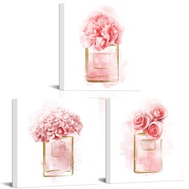 Pink Floral Wall Art - Fashion Roses Carnations Hyacinth Flowers In Perfume Bottle Paintings Canvas Wall Art For Bathroom Framed Womens Girls Dressing Room Wall Decor12 X12 X3 (Pink)