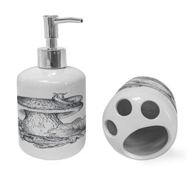 Ambesonne Autumn Soap Dispenser & Toothbrush Holder Set, Hand Drawing Mushroom Oak Leaf Snail Fall Season Cranberry Forest Composition, Ceramic Bathroom Toiletry Accessories, 2 Pcs, Dark Blue Grey