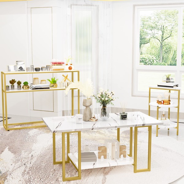 AWQM 3 Pieces Modern Coffee Set, with Console Table, White&Gold