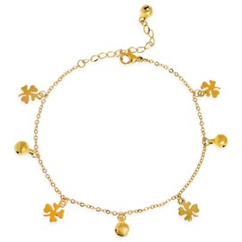 Frigotine Dainty Gold Bell Clover Charm Chain Ankle Bracelet for Woman, Boho Cute 14k Gold-Plated Four Leaf Clover Anklets Adjustable Prom Beach Jewelry Gifts