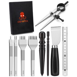 CBHGFEA Leather Working Tools Kit Includes Cutting Knife, Edge Burnisher, 1/2/4/6 Stitching Punch, Leather Compass Geometry Tool and Steel Ruler for DIY Leathercraft DIY Projects