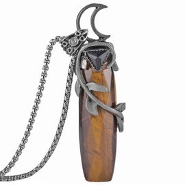 Nupuyai Vintage Moon Tiger's Eye Crystal Stone Necklace for Women, Leaves Wrapped Protection Energy Stone Pendant with Chain 50cm