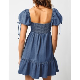 POTILI Denim Dress for Women Puff Short Sleeve Jean Dresses Sweetheart Neck Denim Mini Dress