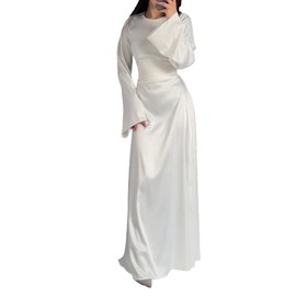 xxxiticat Women's Slip Satin Long Dress Long Sleeve Round Neck Back Lace Up Bandage Tie Wedding Party Maxi Dresses(WH,M) White