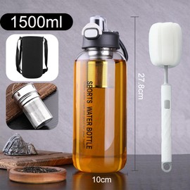 SASMoiyug Trinkflasche 1,5 l,Glasflasche mit Filter & Bürste,Transparent Borosilicate Glas Wasserflasche, Auslaufsichere Sportflasche，water bottle für Fitness, Wandern, Camping, Schule & Büro (Black)