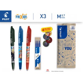 PILOT x ONE PIECE - Set of 3 Frixion Ball, Black, Blue, Red + 1 Set of 3 Blue Refills + 4 Stickers - Erasable Pens - Limited Edition One Piece - Refillable Rollerball Pens - Medium Tip