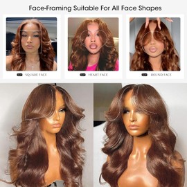 Curtain Bangs Chocolate Brown Face-Framing 9x6 Glueless Wigs Human Hair Pre Plucked Pre Cut HD Lace 200 Density Ready to Go Glueless Loose Body Wave Lace Front Wigs Human Hair For Black Women 18 Inch