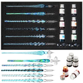 Zonon Glass Dipped Pen Ink Set 14 Pcs Include 6 Pcs Glass Dip Pen, 6 Colorful India Ink and 2 Holder Crystal Signature Calligraphy for Art, Writing, Signatures, Gift(Blue Color System)