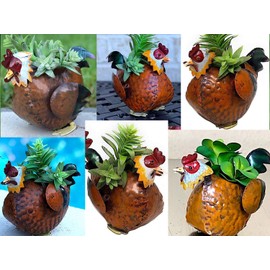S/3 Chicken Planters Small Metal Rustic Indoor Outdoor Decor Farmhouse Barnyard Inspired 7" x 5" (Brown)