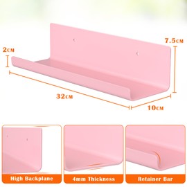 WELDUN Floating Shelves, Set of 2 Wall Shelves, Picture Rail Display, Decorative Wall Shelves for Living Room, Bedroom, Bathroom, Kitchen, Home Office, Laundry Room, Plastic, Pink