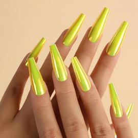 ROFIBUT 24PCS Chrome Press on Nails Fluorescent Holographic Coffin False Nails Laser Mirror Metallic Arts Long Ballerina Glue on Nails Holographic Coffin False Nails Laser Mirror Nails