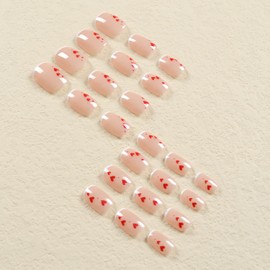 White French Press on Nails Short Square Red Love Heart False Nails with Design Valentine's Day Nails Artificial Acrylic Nails Full Cover Reusable Coffin Fake Nails Glue on Nails for Women 24Pcs