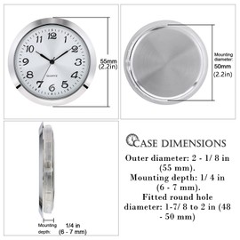 PMELCXD 2-1/8" (55mm) Quartz Watch Insert, Zinc Alloy Metal Case, Arabic Numeral, White Face (Silver)