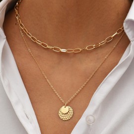 FUNEIA Kette Gold Damen Layered Halskette 14k Vergoldet Kette mit Anhänger Rundem Plättchen Choker Doppelkette Multilayer Zarte Wasserfester Hypoallergene Goldene Ketten Modeschmuck Für Frauen Mädchen
