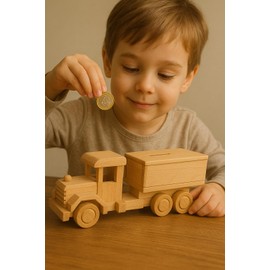 Dekohelden24 Sustainable Mobile Wood Money Box, Money Box as Lorry, Nostalgic Lorry Money Box, Children's Money Box, Lorry, Economy Transporter, Nostalgia Truck Made of Beech Wood, L/W/H 25 x 8 x 9 cm
