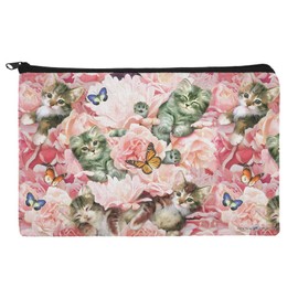 Kittens Cats Pink Flowers Butteflies Pattern Makeup Cosmetic Bag Organizer Pouch
