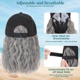 MY-LADY Hat Wig Hat with Hair Attached for Women Baseball Cap with Hair Extensions Adjustable Short Wavy Synthetic Hairpiece 8" Black Cap to 4/60/88A