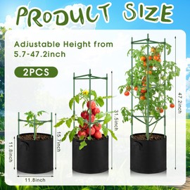 Colingmill 2 Pack 47" Tomato Cages with 10 Gallon Grow Bag Adjustable Tomato Cages for Garden Trellis Pots for Potted Plants Vertical Climbing Vegetables Outdoor Indoor