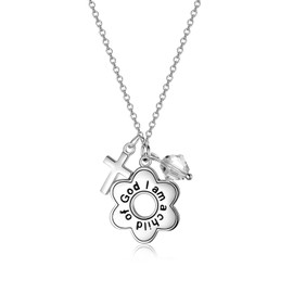 AOBOCO 925 Sterling Silver I am a Child of God Daisy Necklace Jewelry Birthday Baptism Communion Gifts for Girls (Simulated Diamond)