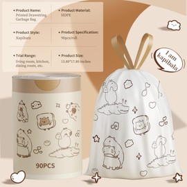Small Trash Bags, 4 Gallon Trash Bags Drawstring 90 Count, Printed with a Cute and Beautiful Kapibala Pattern Garbage Bags, Suitable for Office, Bathroom, Bedroom and Kitchen Household Garbage Can